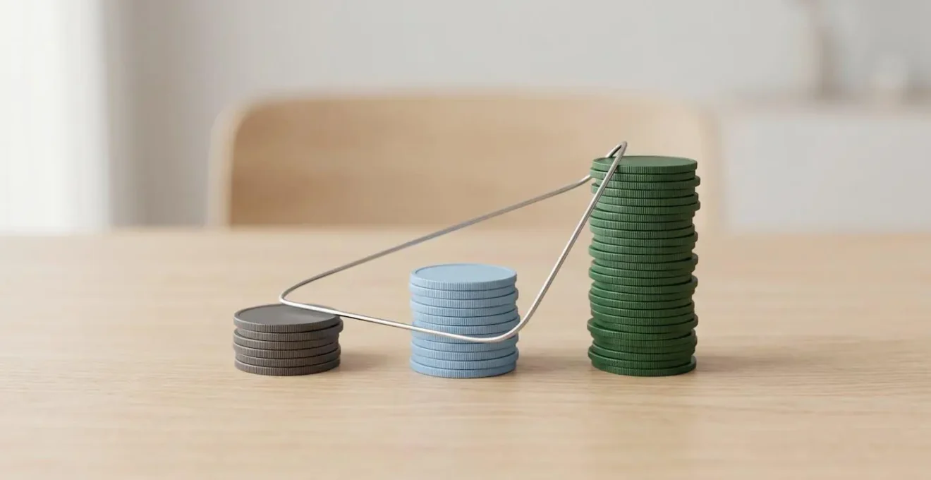 Trois piles de pièces de couleurs différentes sur une table en bois, symbolisant la répartition de l'épargne entre liquidités, assurance vie et PER.
