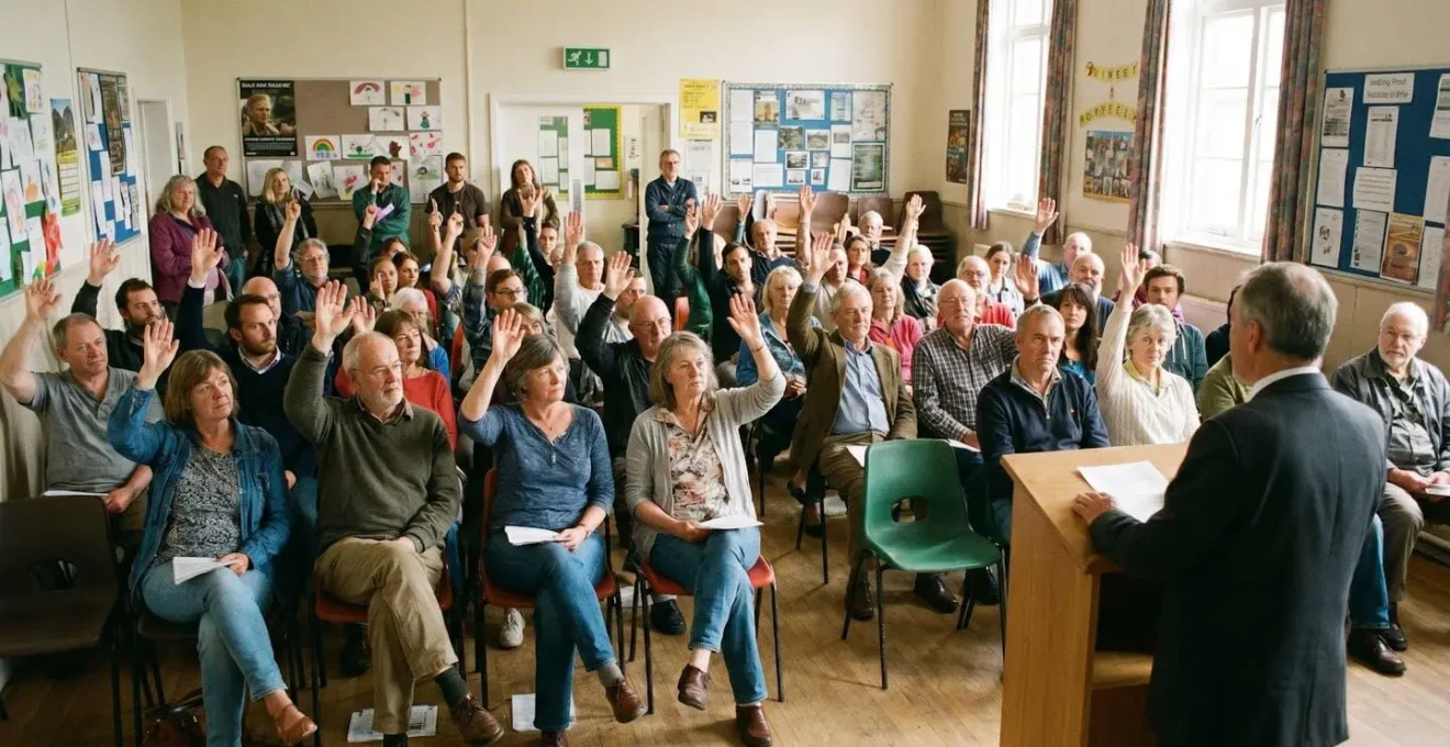 Vue d'une assemblée générale mutualiste avec des adherents levant la main pour voter