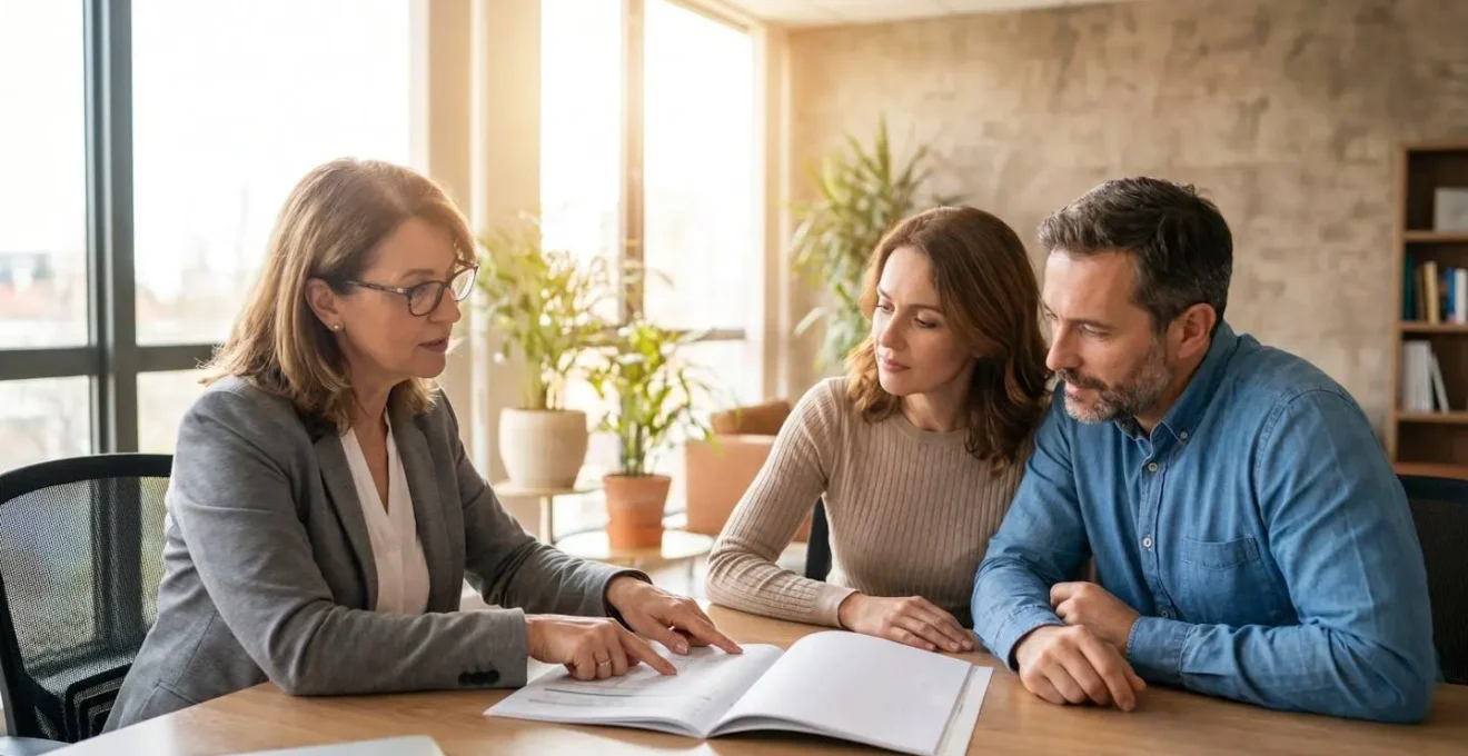 Un couple de quadragénaires échangeant avec un conseiller mutualiste dans un bureau lumineux