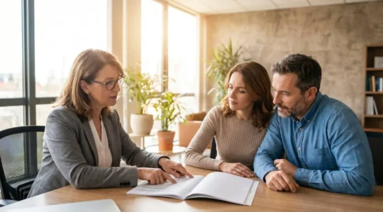 Un couple de quadragénaires échangeant avec un conseiller mutualiste dans un bureau lumineux