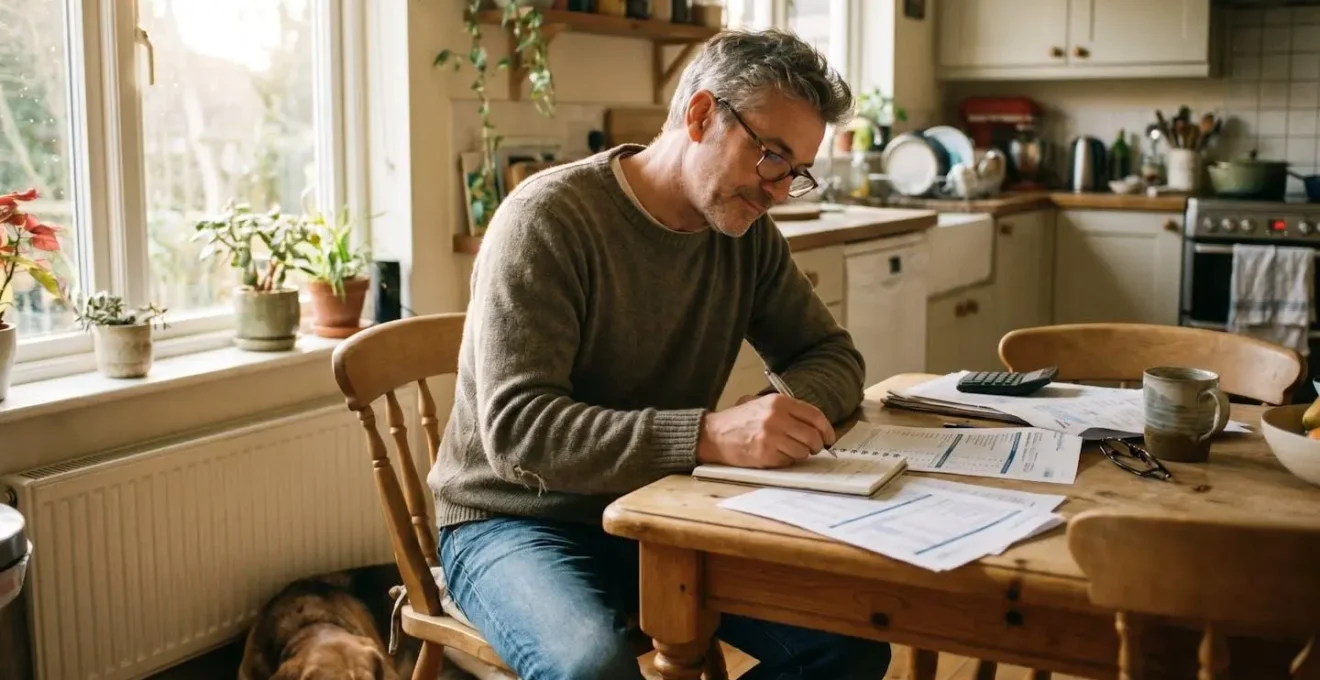 Un homme d'une cinquantaine d'années consulte des documents liés à sa retraite à son domicile