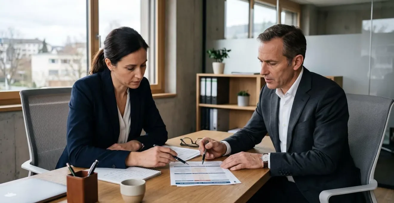 Conseiller financier et client examinant des documents de comparaison entre PEA et assurance vie dans un bureau moderne