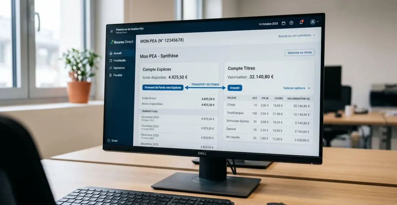 Écran d'ordinateur affichant l'interface de gestion d'un PEA avec comptes espèces et titres, montrant les flux de versement et d'arbitrage