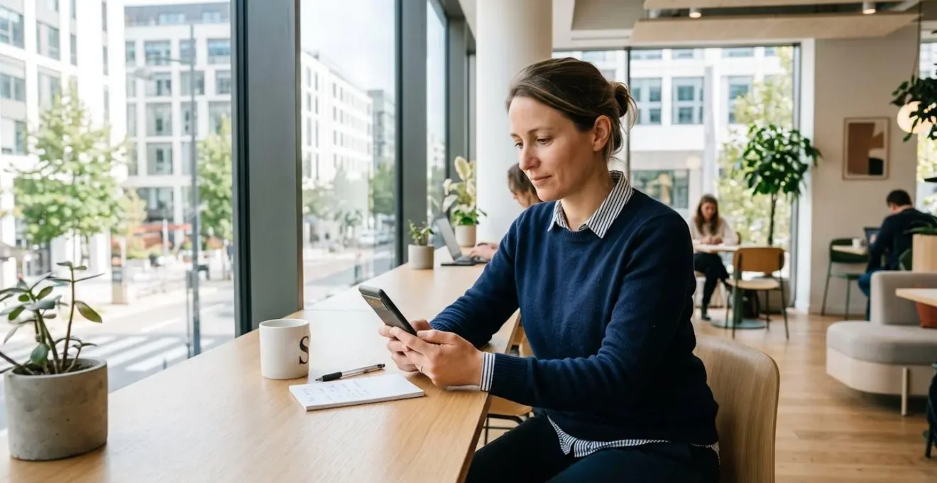 Personne consultant une application mobile PEA dans un bureau moderne et lumineux, écran affichant des graphiques boursiers et interface d'investissement