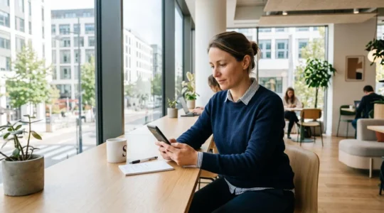 Personne consultant une application mobile PEA dans un bureau moderne et lumineux, écran affichant des graphiques boursiers et interface d'investissement