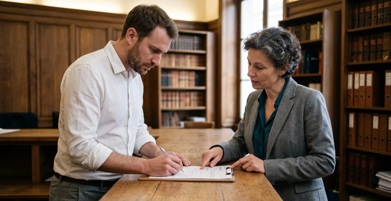 Un clerc de notaire remplit un formulaire de clause bénéficiaire avec une cliente debout au comptoir d'un office notarial.