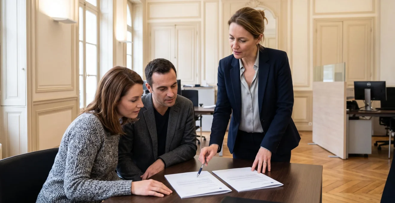 Une conseillère en gestion de patrimoine présente deux dossiers de contrats d'épargne à un couple assis dans une agence bancaire française.