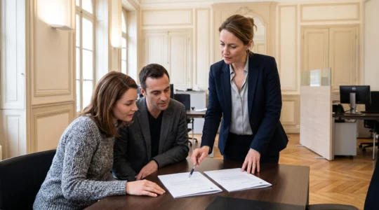Une conseillère en gestion de patrimoine présente deux dossiers de contrats d'épargne à un couple assis dans une agence bancaire française.