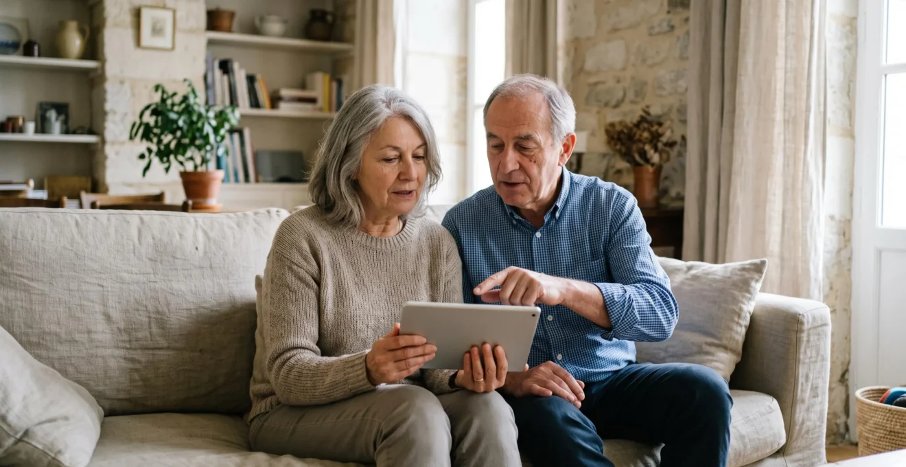 Un couple de retraités examine ensemble un relevé d'épargne sur une tablette posée dans leur salon lumineux.